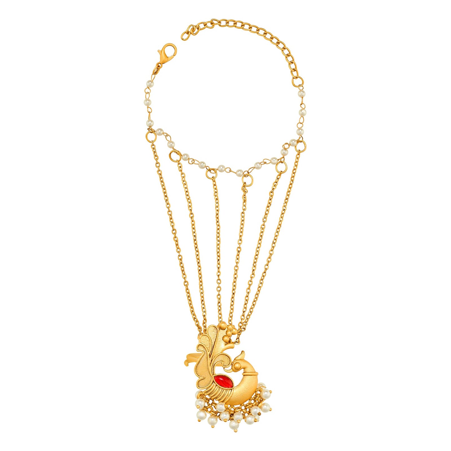 Teejh Tavus Gold Oxidised Peacock Hathphool