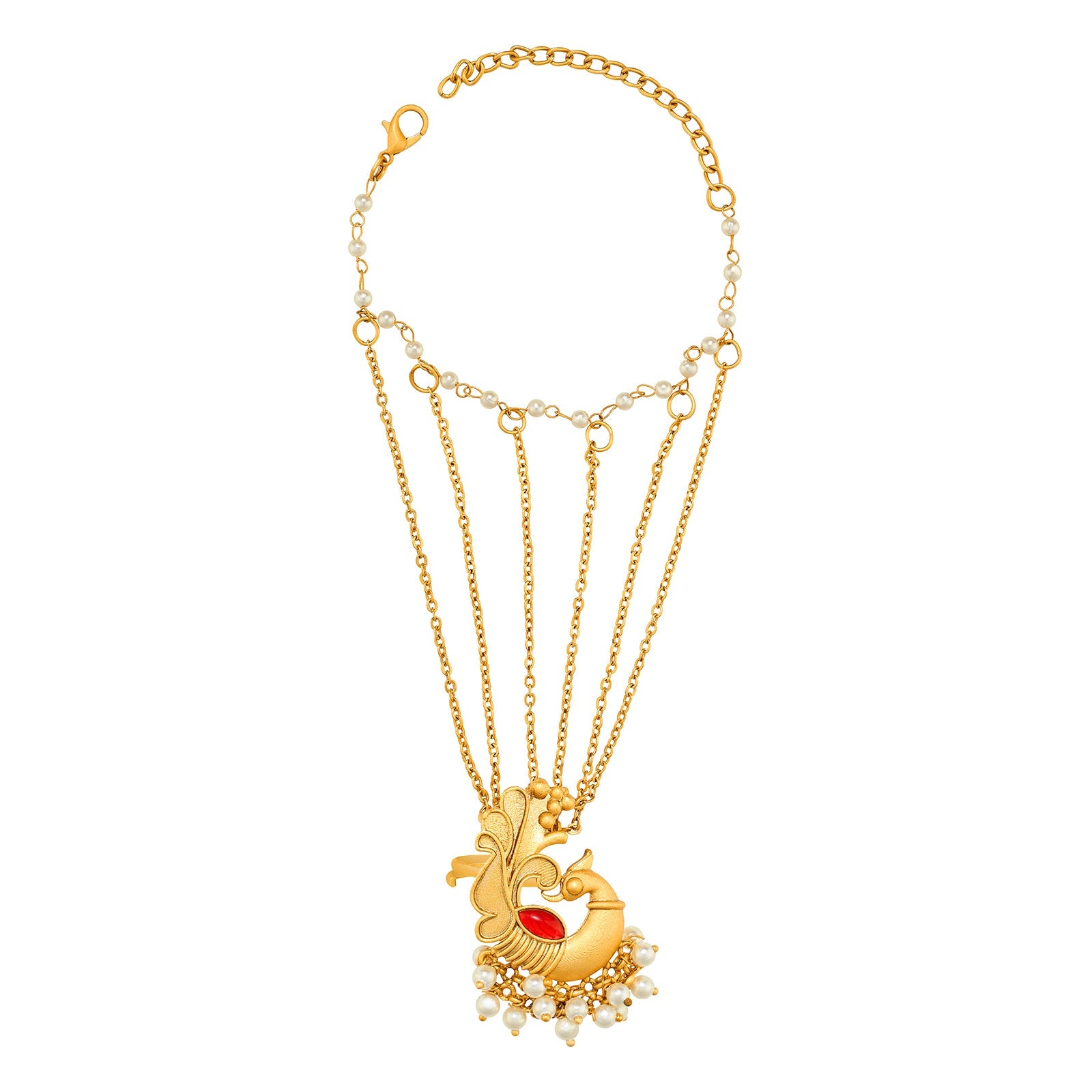 Teejh Tavus Gold Oxidised Peacock Hathphool