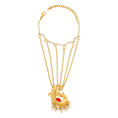 Teejh Tavus Gold Oxidised Peacock Hathphool