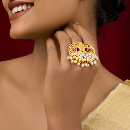 Teejh Plume Gold Oxidised Peacock Ring