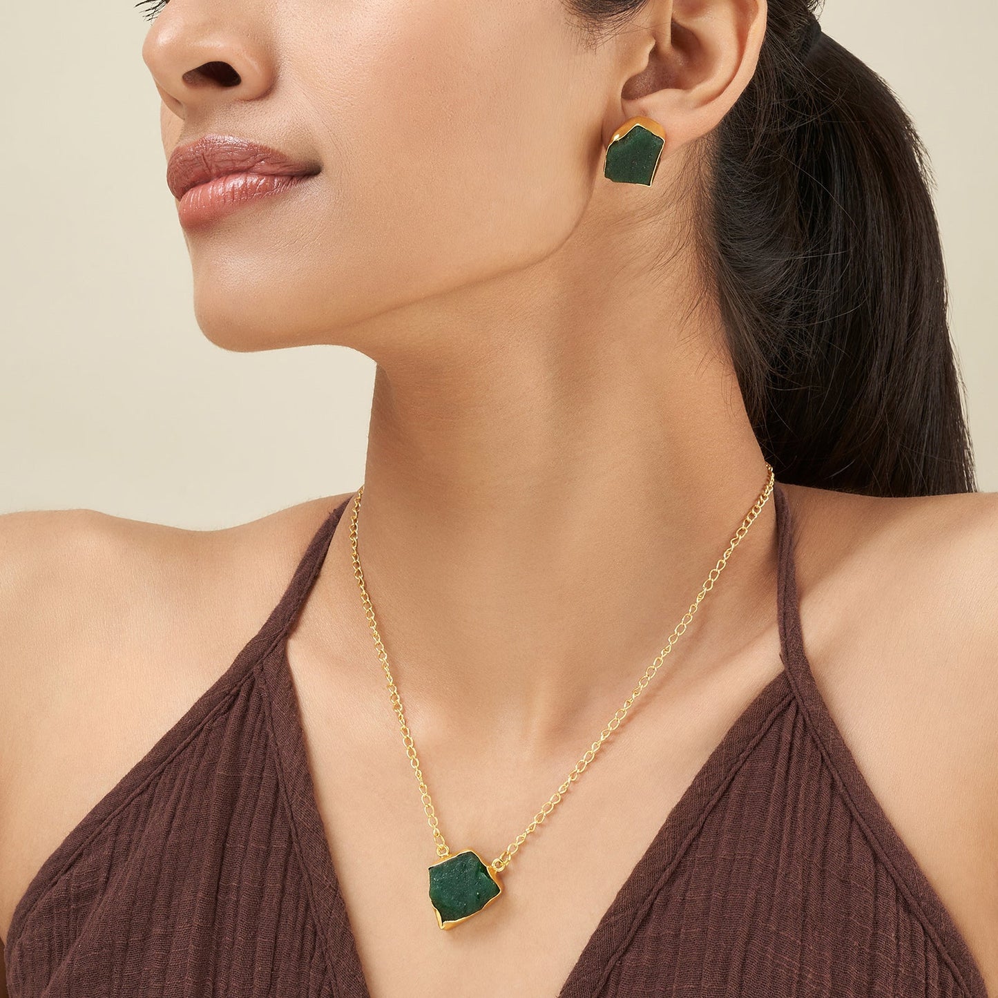 Teejh Ishaya Dark Green Natural Stone Necklace Set