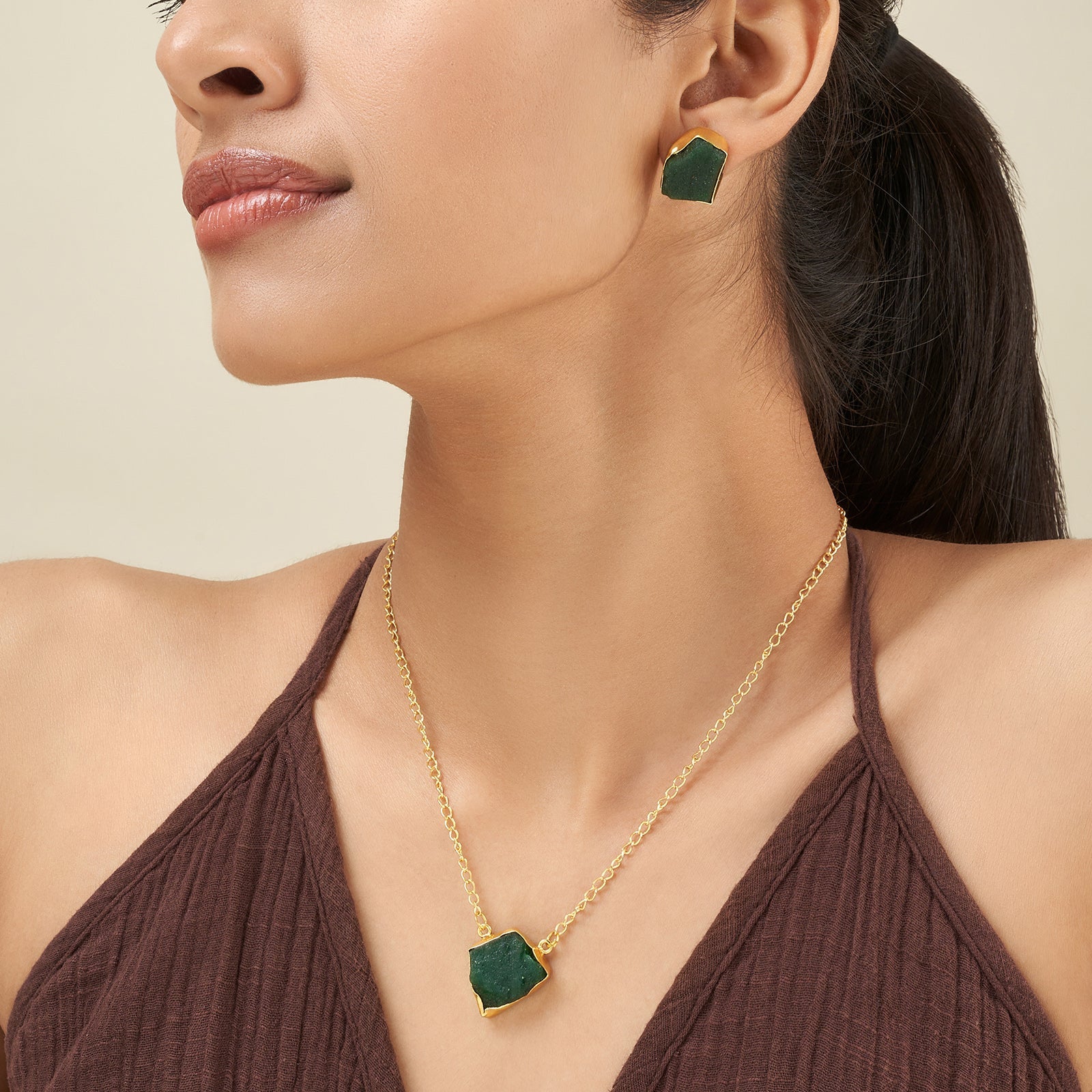 Teejh Ishaya Dark Green Natural Stone Necklace Set