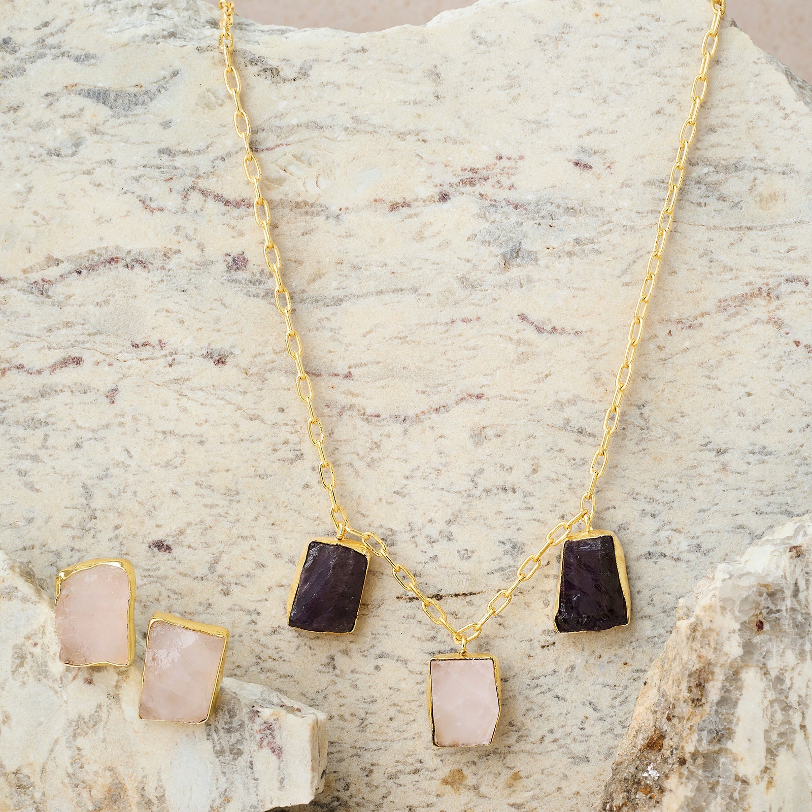 Teejh Seraya Purple and Pink Natural Stone Necklace Set