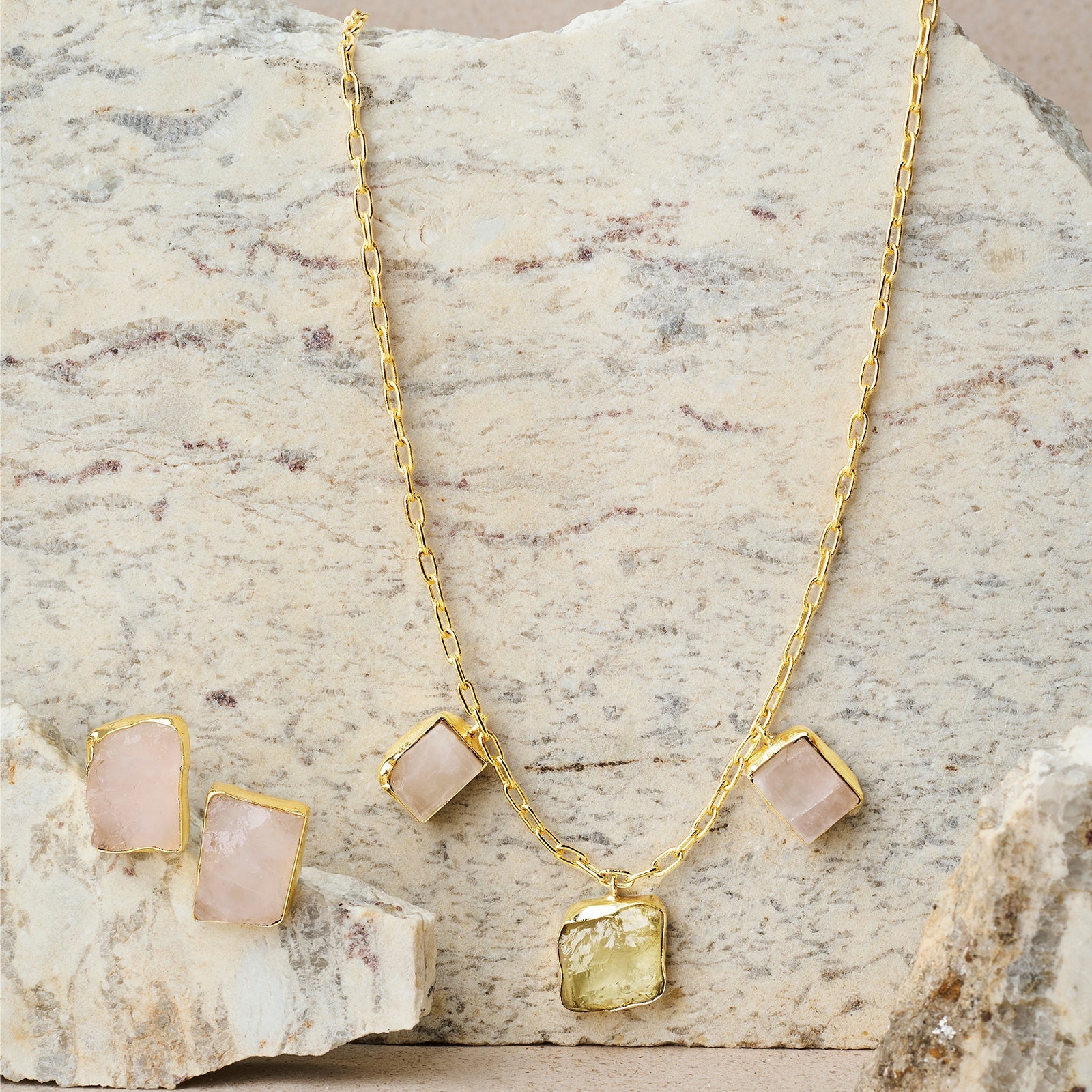 Soléa Yellow & Pink Trio Natural Stone Necklace Set
