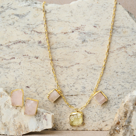 Teejh Seraya Yellow and Pink Natural Stone Necklace Set