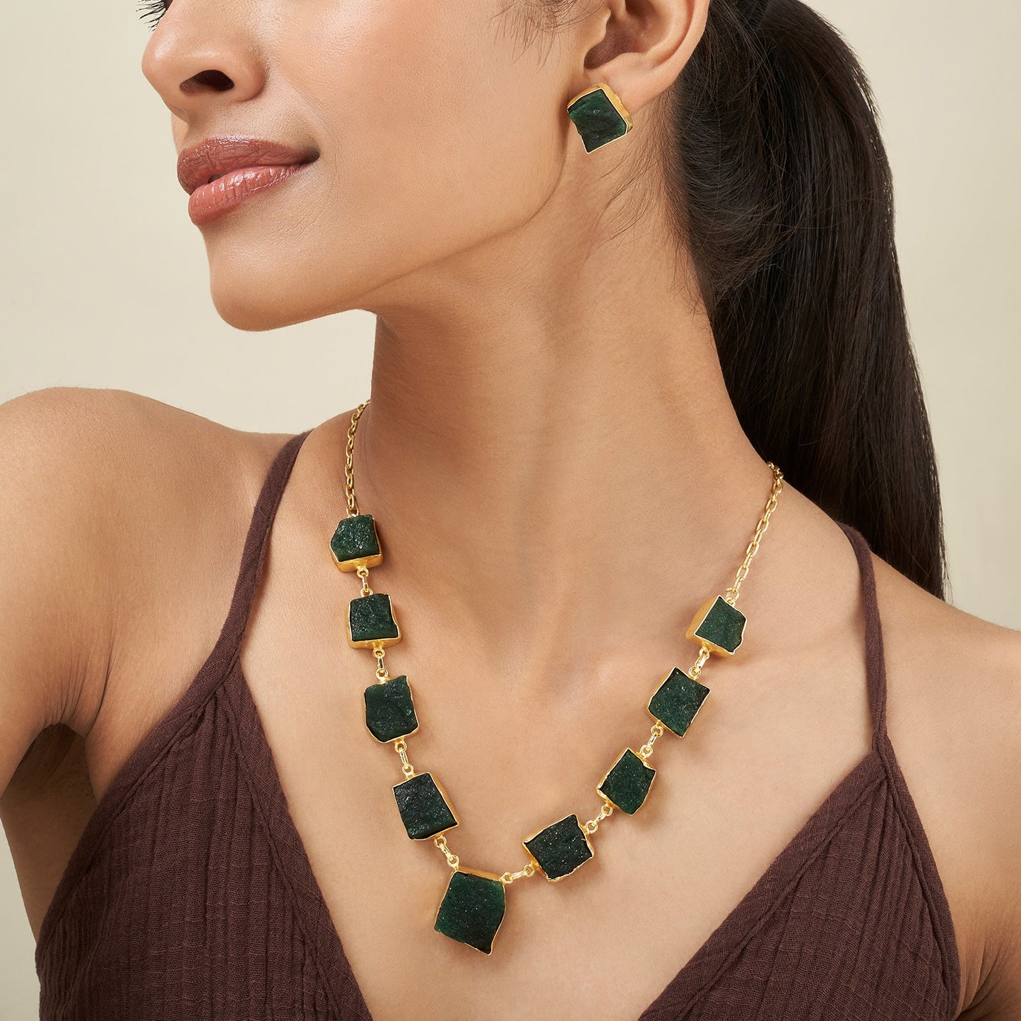 Teejh Zaaina Dark Green Natural Stone Necklace Set