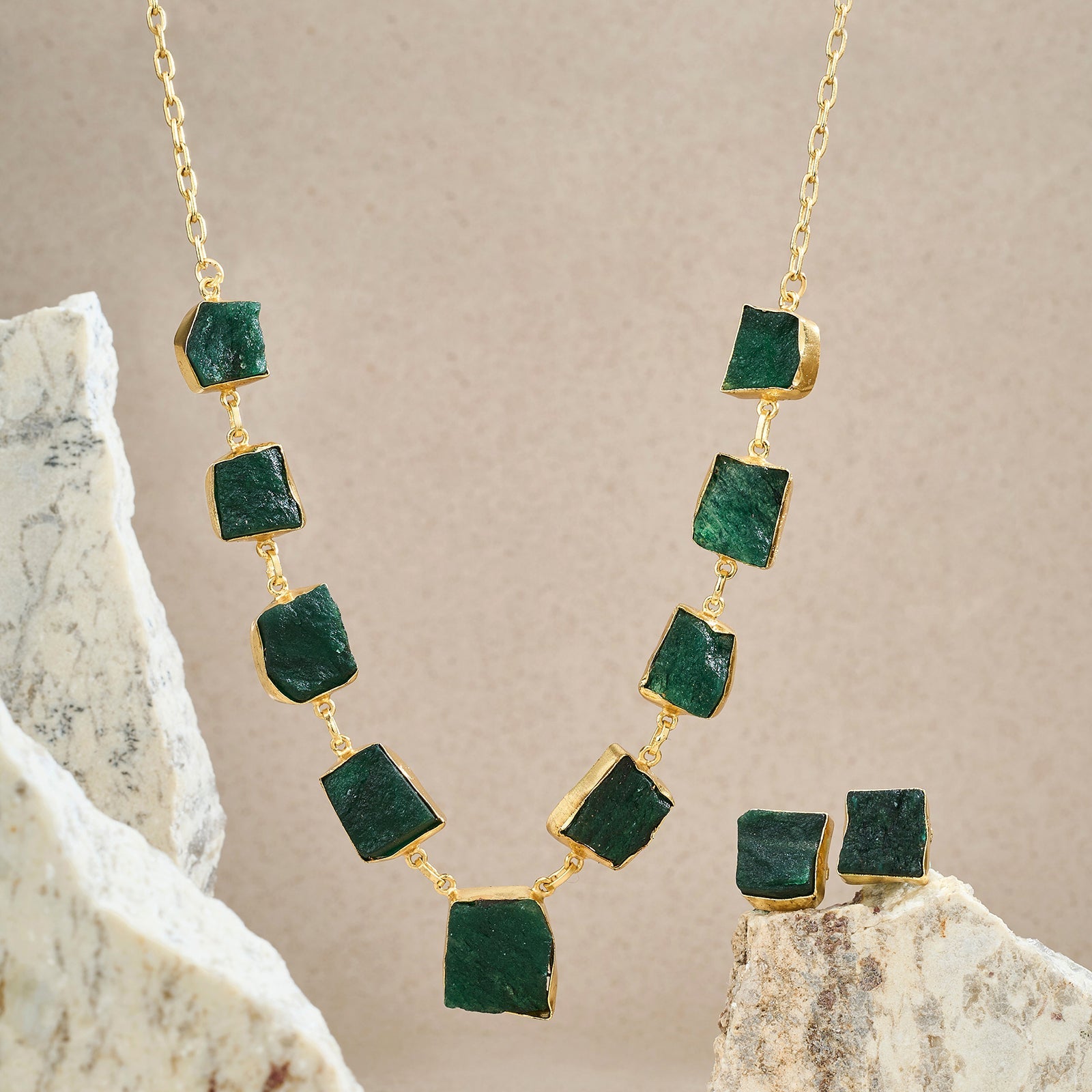 Teejh Zaaina Dark Green Natural Stone Necklace Set