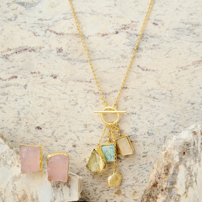 Teejh Zarika Pink,Turquoise and yellow Natural Stone Necklace Set