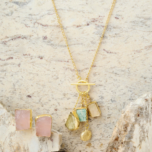 Teejh Zarika Pink,Turquoise and yellow Natural Stone Necklace Set
