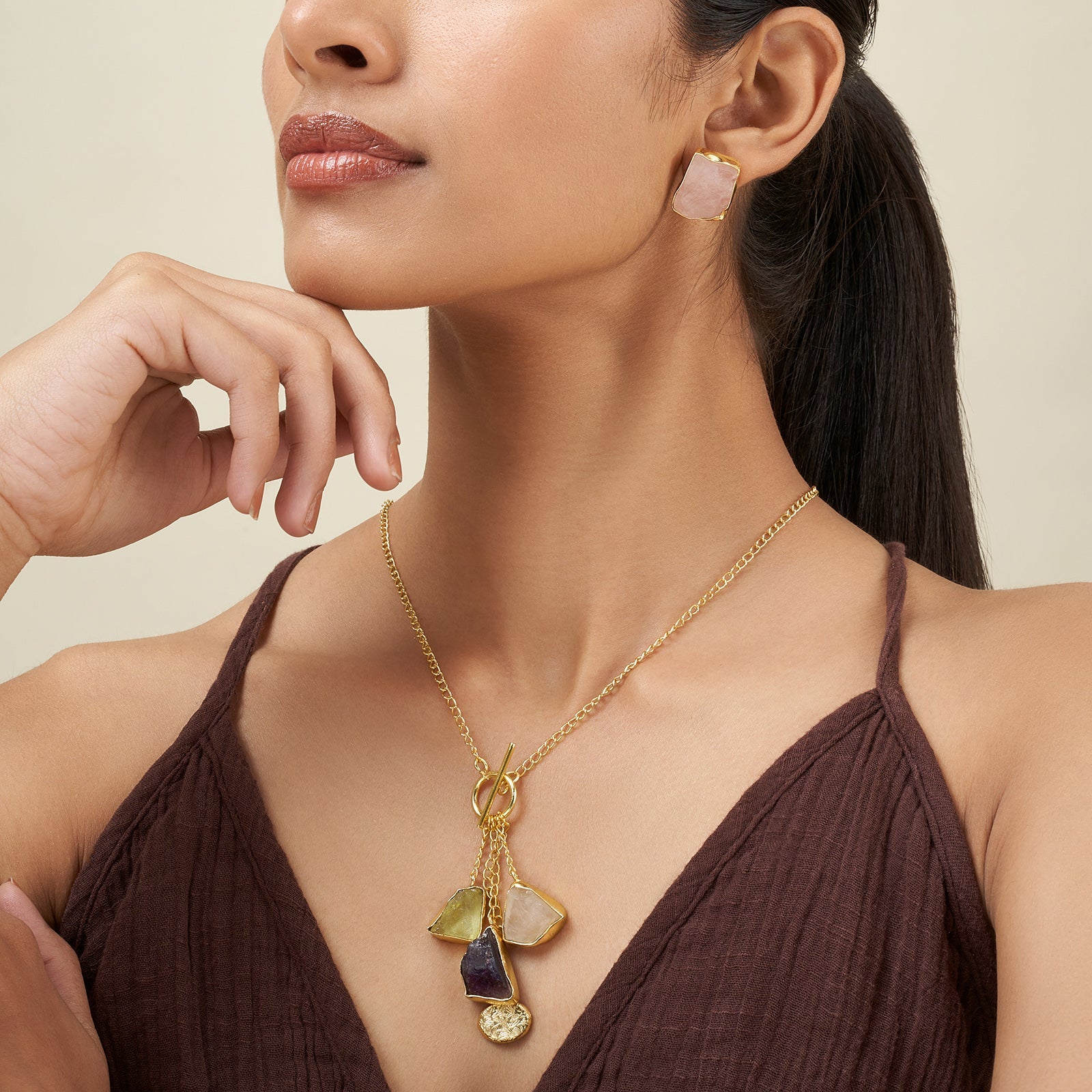 Teejh Zarika Purple,Yellow and Pink Natural Stone Necklace Set