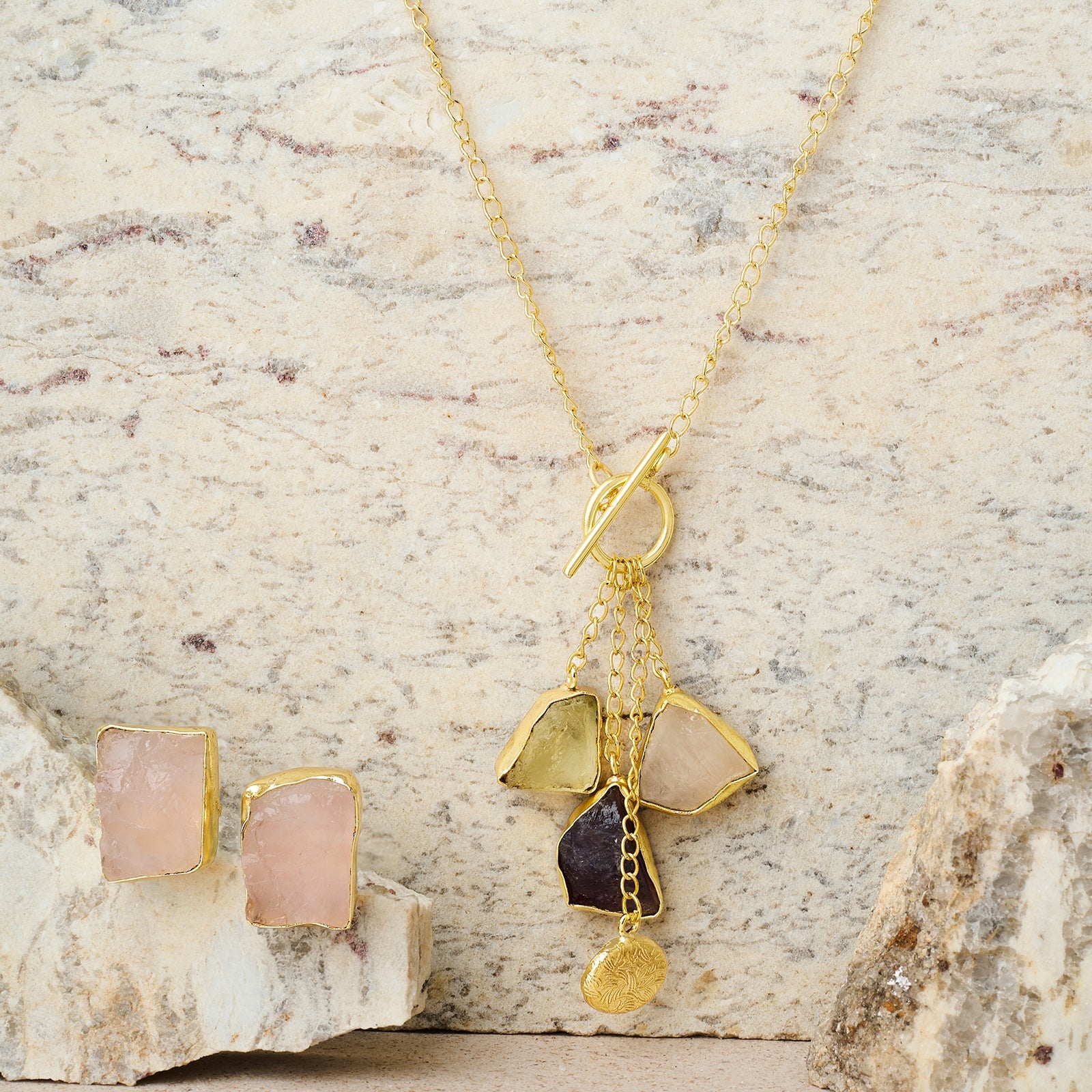 Teejh Zarika Purple,Yellow and Pink Natural Stone Necklace Set