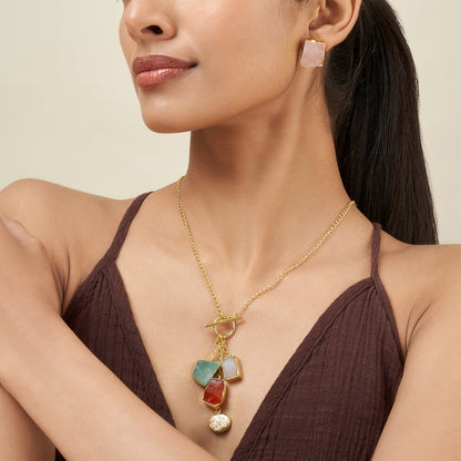 Teejh Zarika Pink,Orange and Turquoise Natural Stone Necklace Set