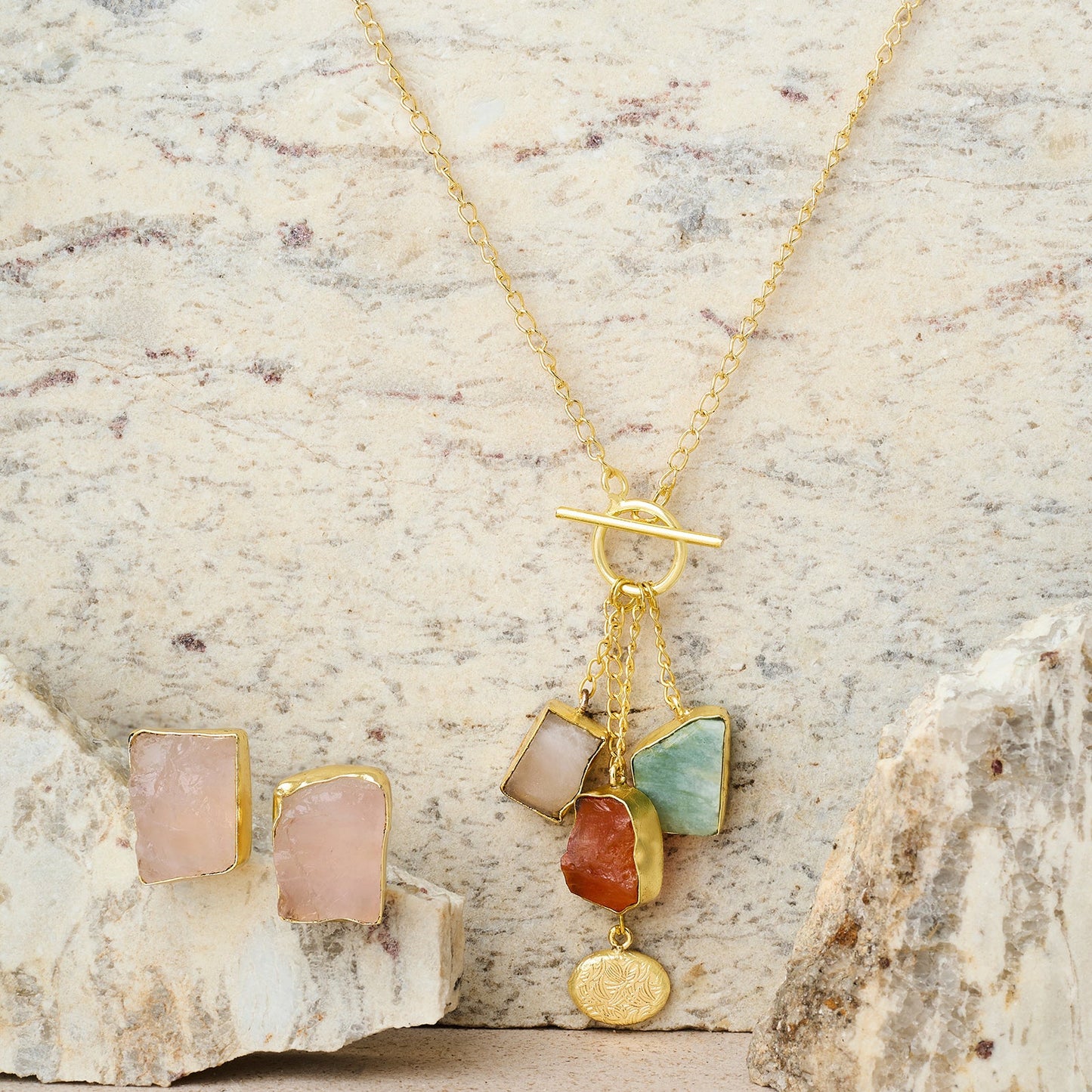 Teejh Zarika Pink,Orange and Turquoise Natural Stone Necklace Set