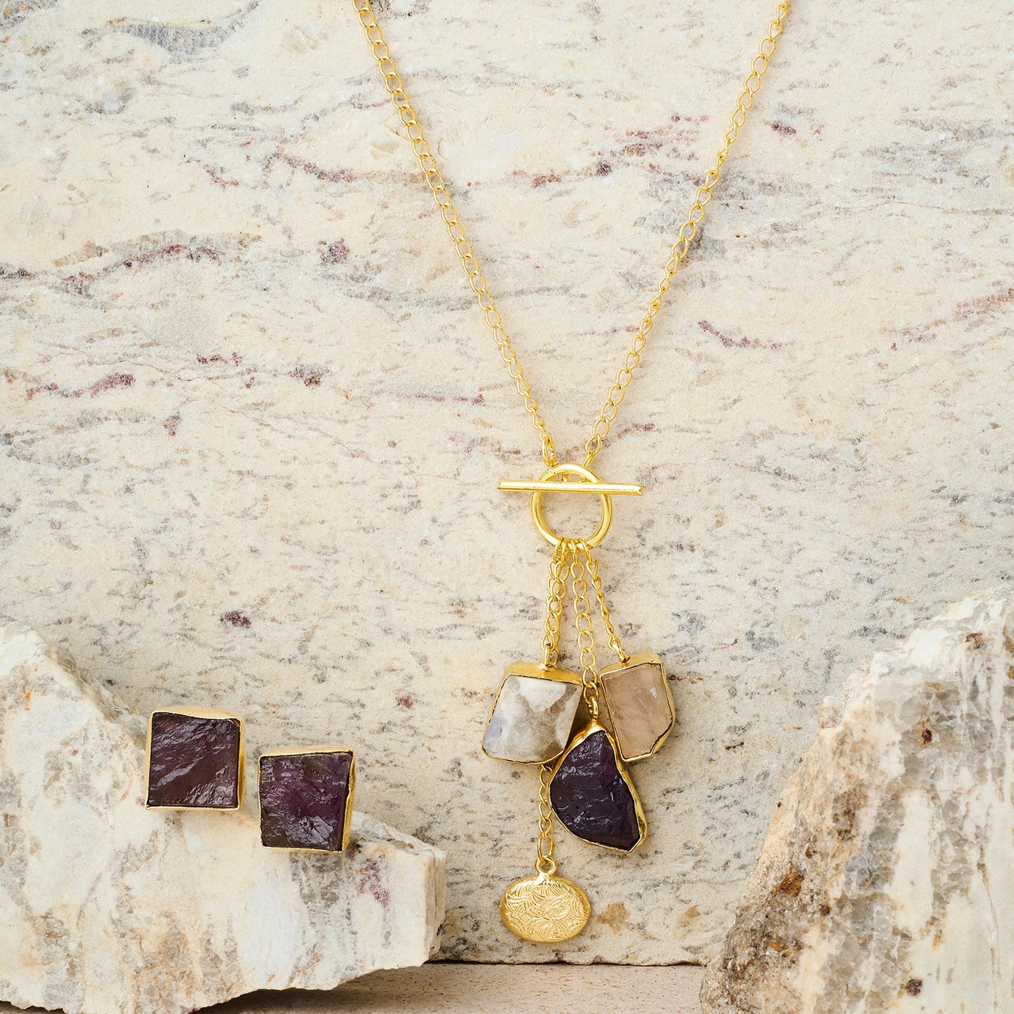 Teejh Zarika White, Pink and Purple Natural Stone Necklace Set