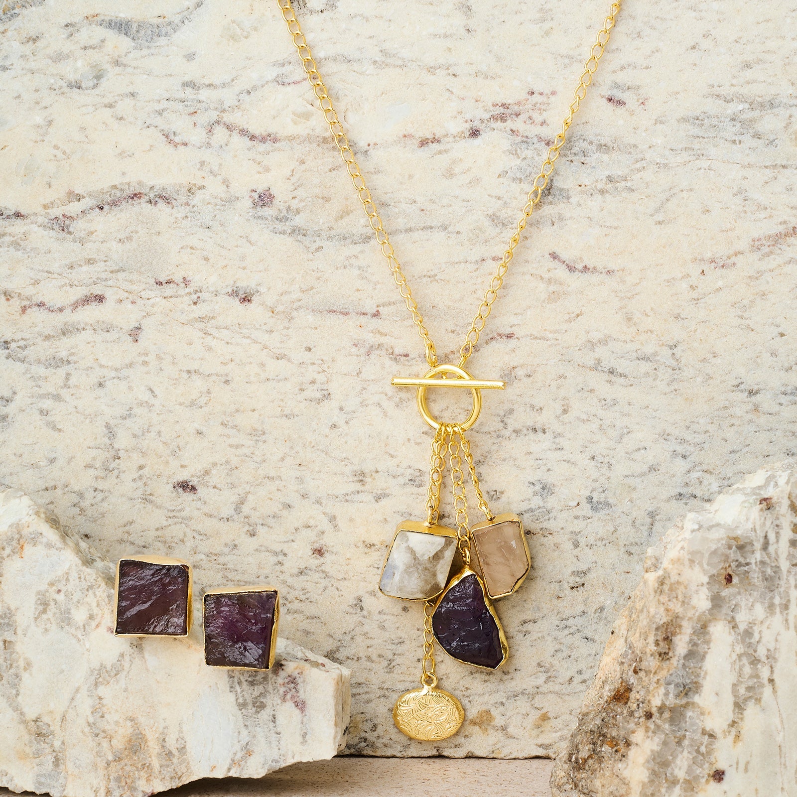 Teejh Zarika White, Pink and Purple Natural Stone Necklace Set