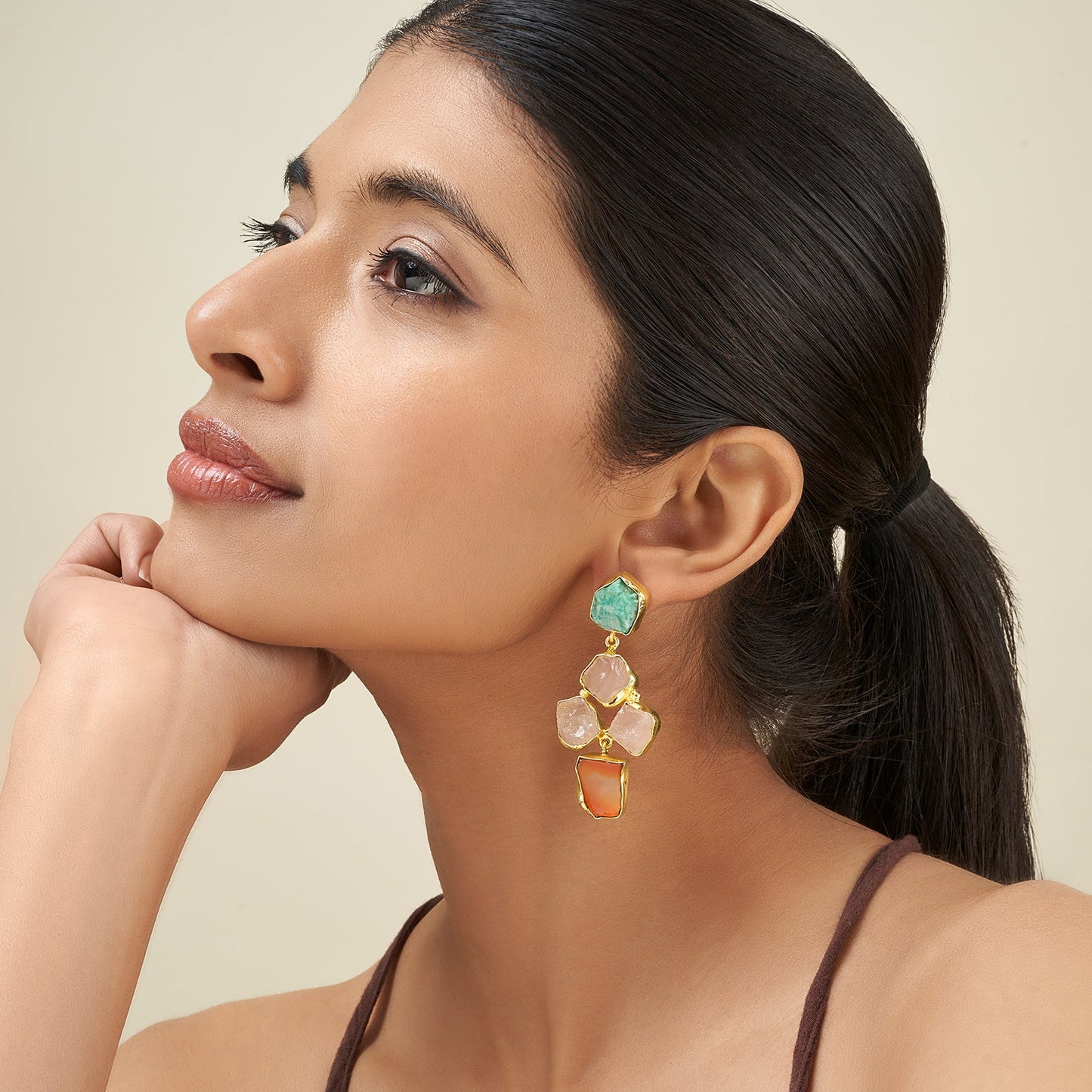 Teejh Aneri Turquoise Pink and Orange Natural Stone Dangler Earrings