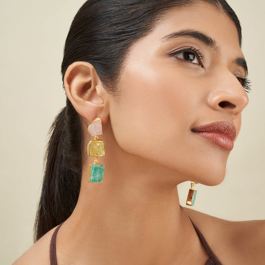 Teejh Kyari Pink Yellow and Turquoise Natural Stone Danglers