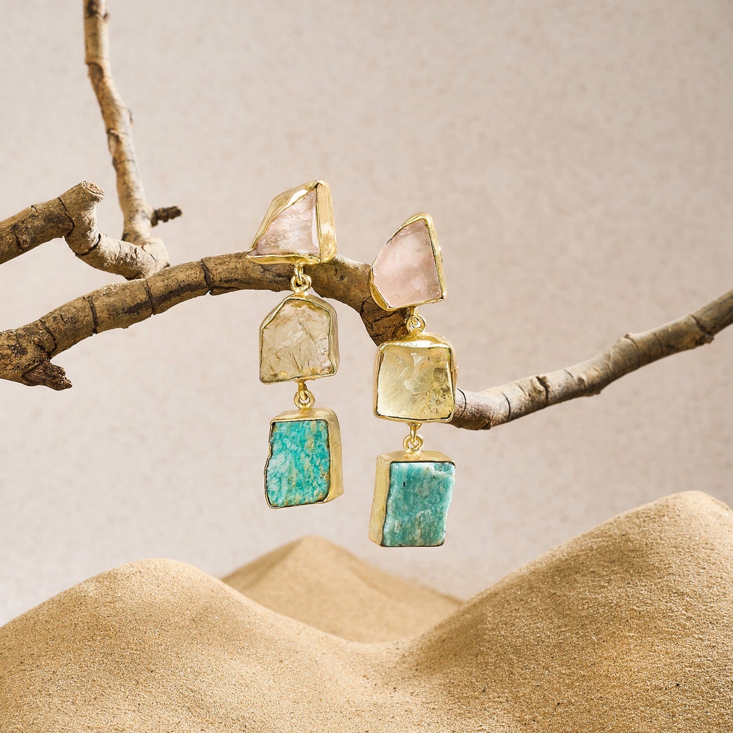 Teejh Kyari Pink Yellow and Turquoise Natural Stone Danglers