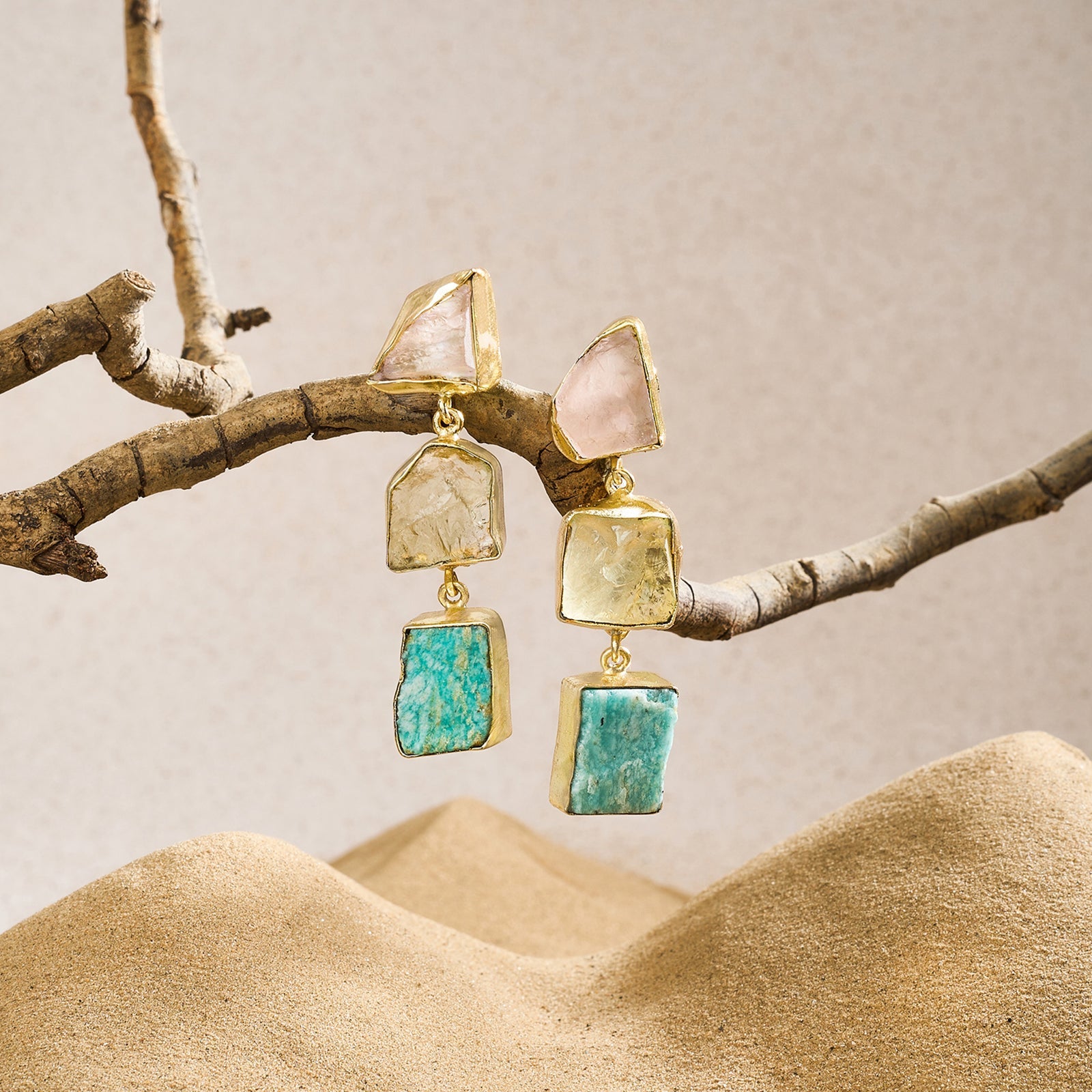 Teejh Kyari Pink Yellow and Turquoise Natural Stone Danglers