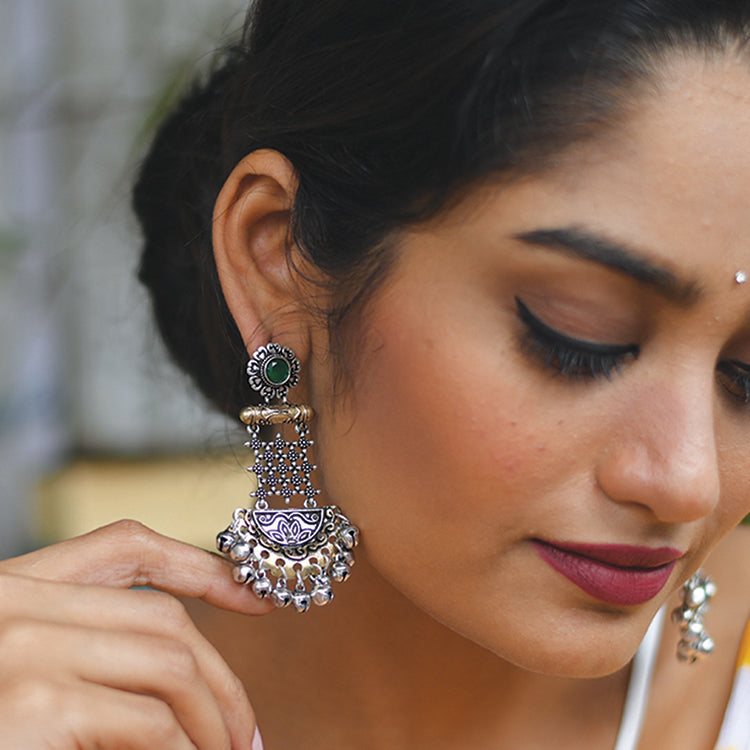 Geometric Green Dual Tone Earrings - Teejh