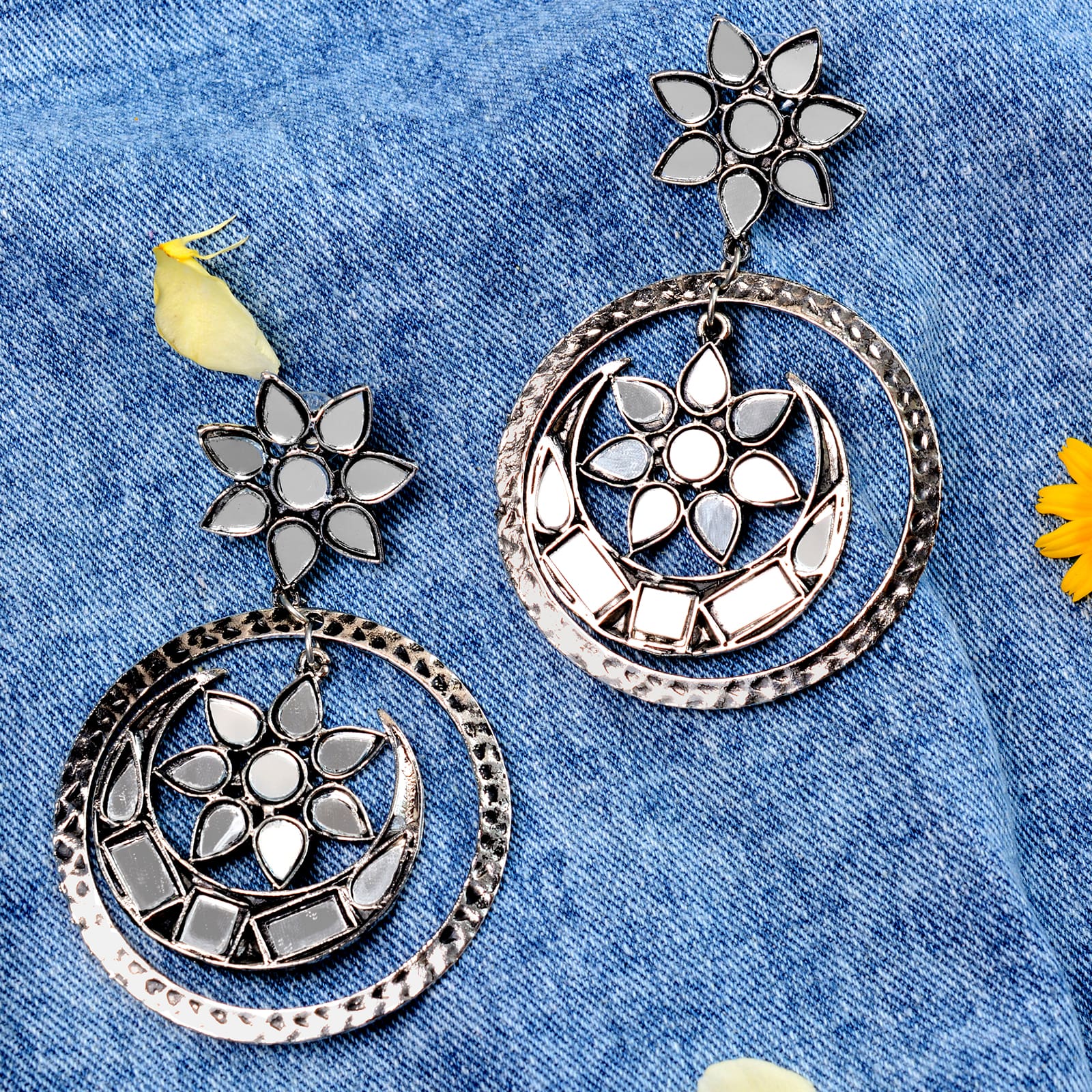 Samaya Silver Oxidized  Mirror Earrings - Teejh