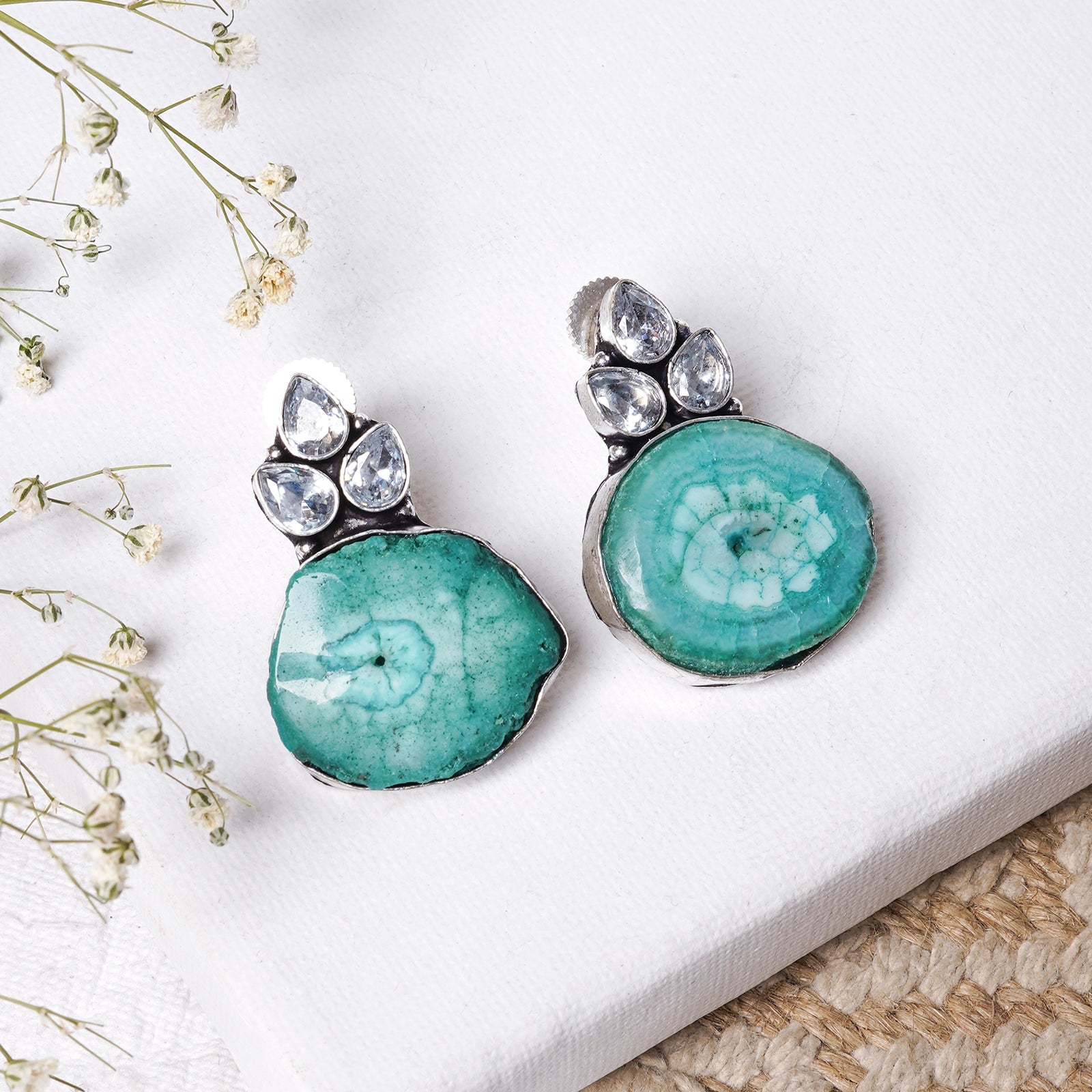 Teejh Harika Sea Blue Silver Oxidised Earring