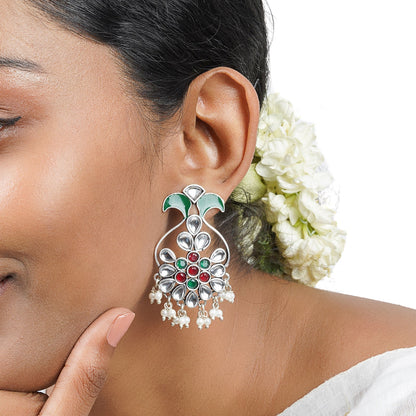 Teejh Sunehri Green Red Silver Oxidised Earring