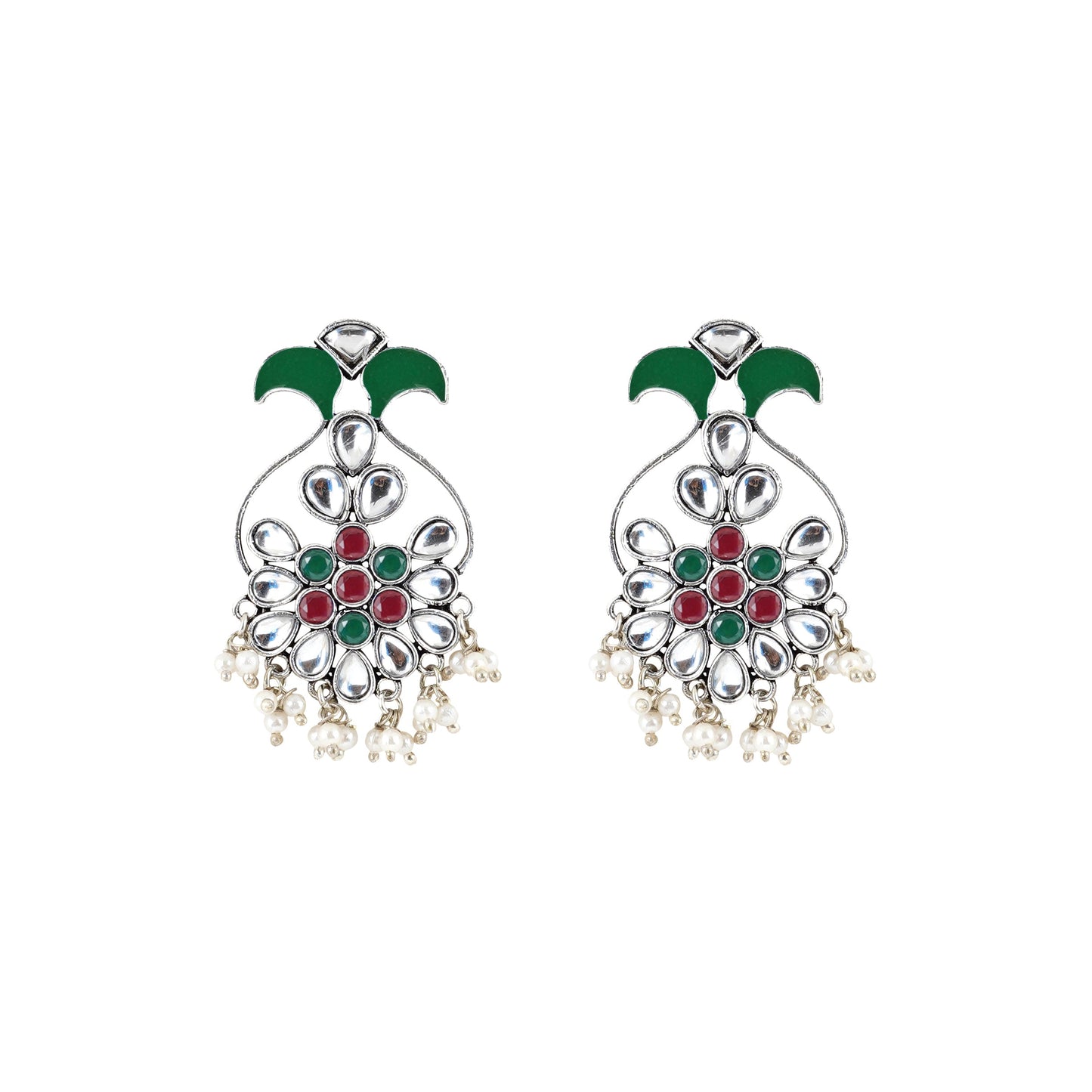 Teejh Sunehri Green Red Silver Oxidised Earring