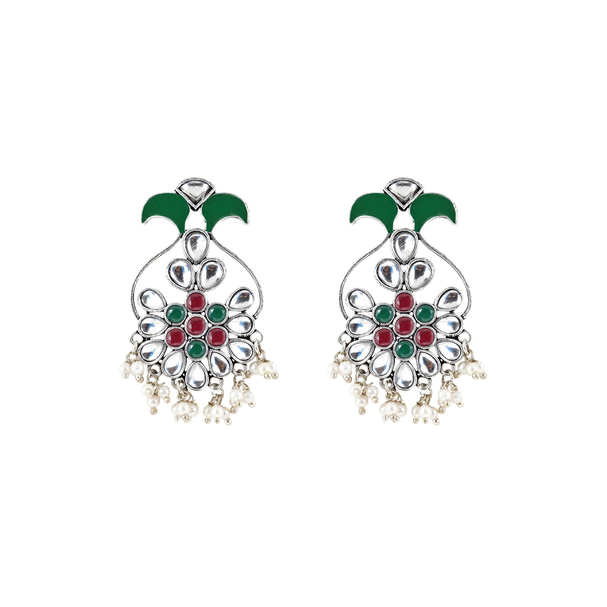 Teejh Sunehri Green Red Silver Oxidised Earring