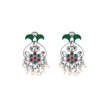 Teejh Sunehri Green Red Silver Oxidised Earring