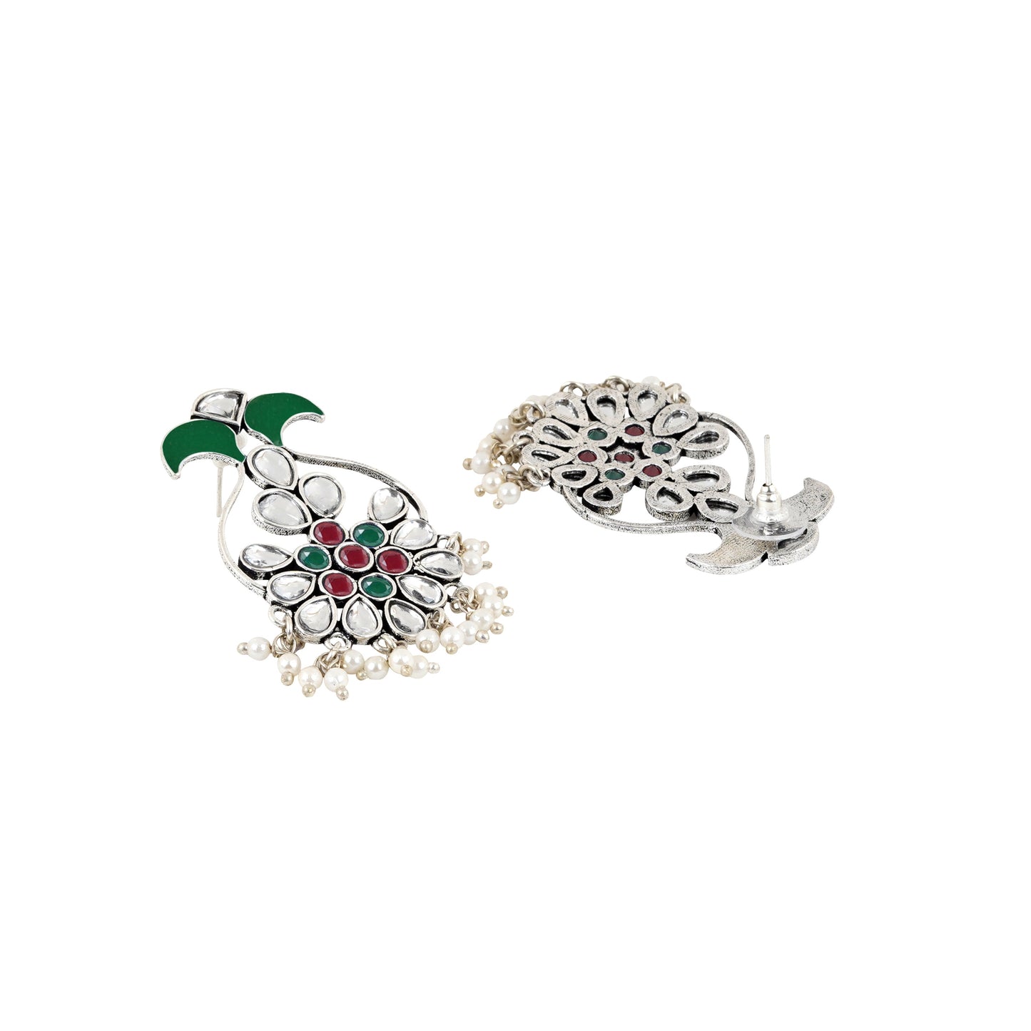 Teejh Sunehri Green Red Silver Oxidised Earring