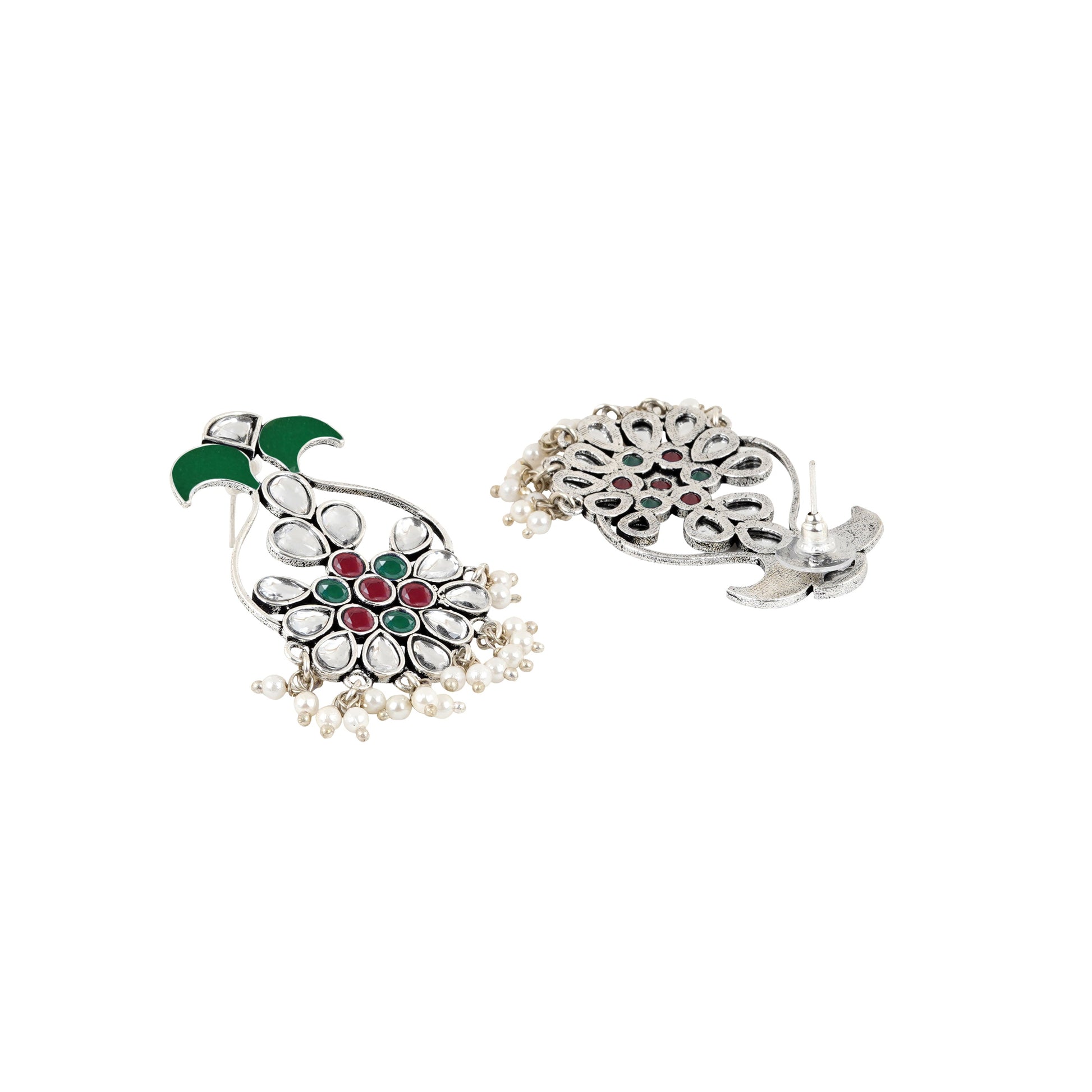 Teejh Sunehri Green Red Silver Oxidised Earring