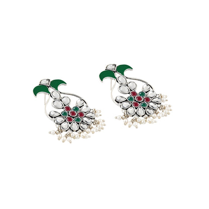 Teejh Sunehri Green Red Silver Oxidised Earring