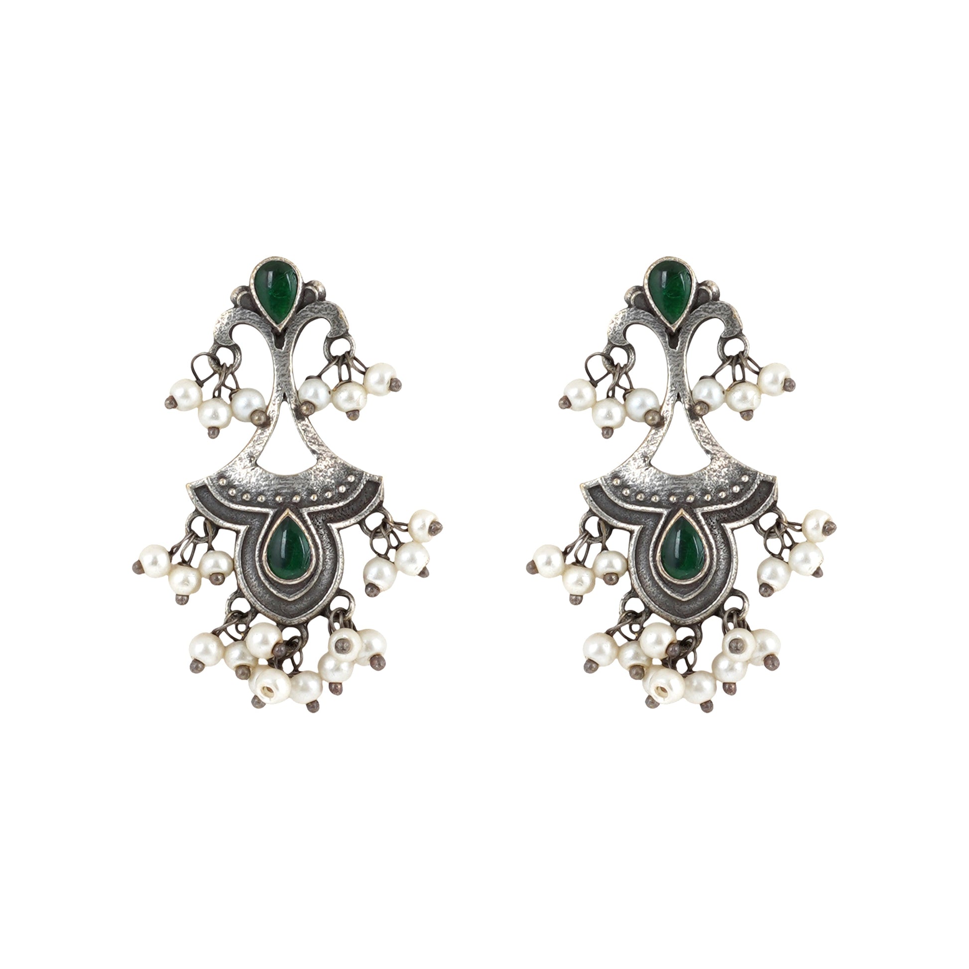 Teejh Nilay Green Stone Silver Oxidised Earring