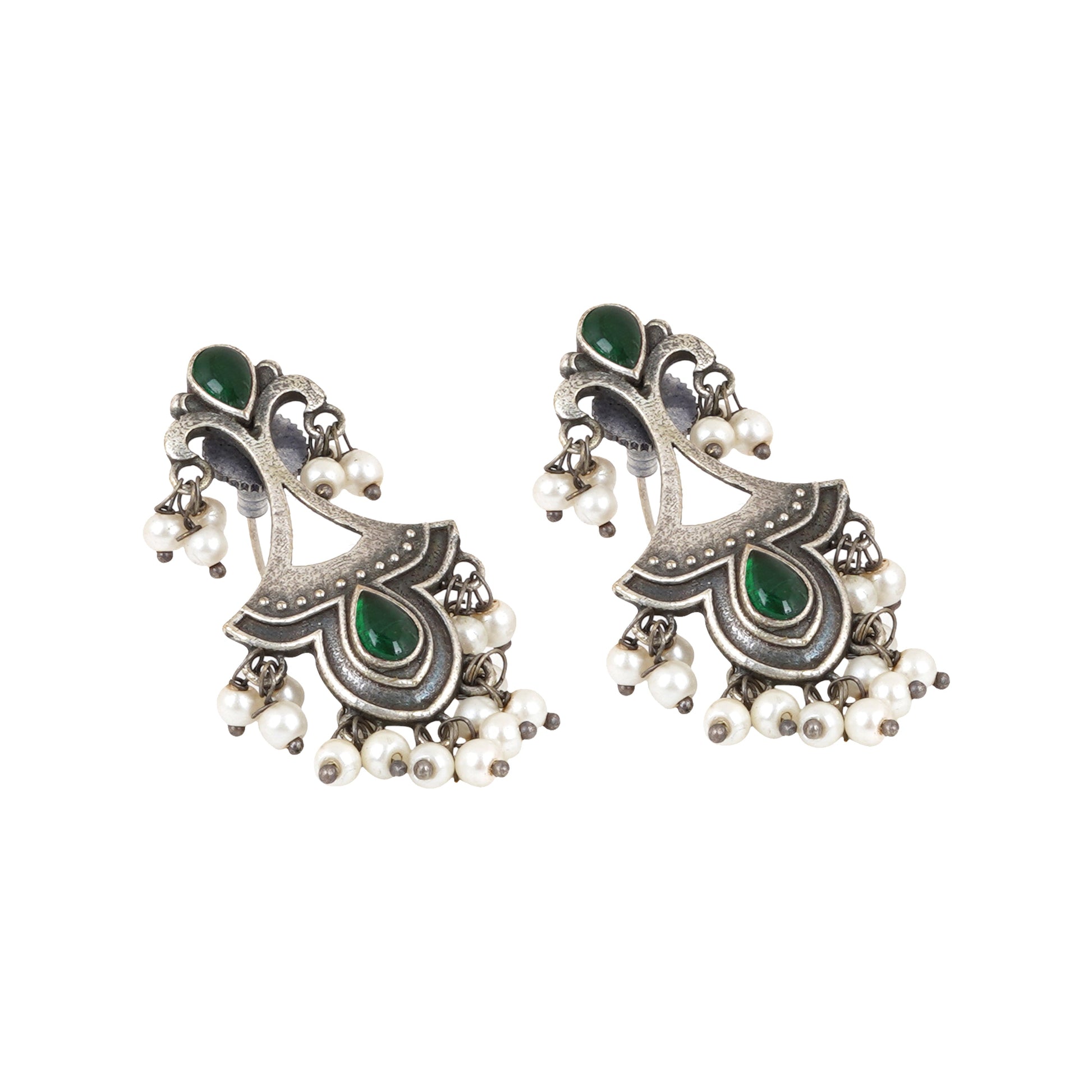 Teejh Nilay Green Stone Silver Oxidised Earring