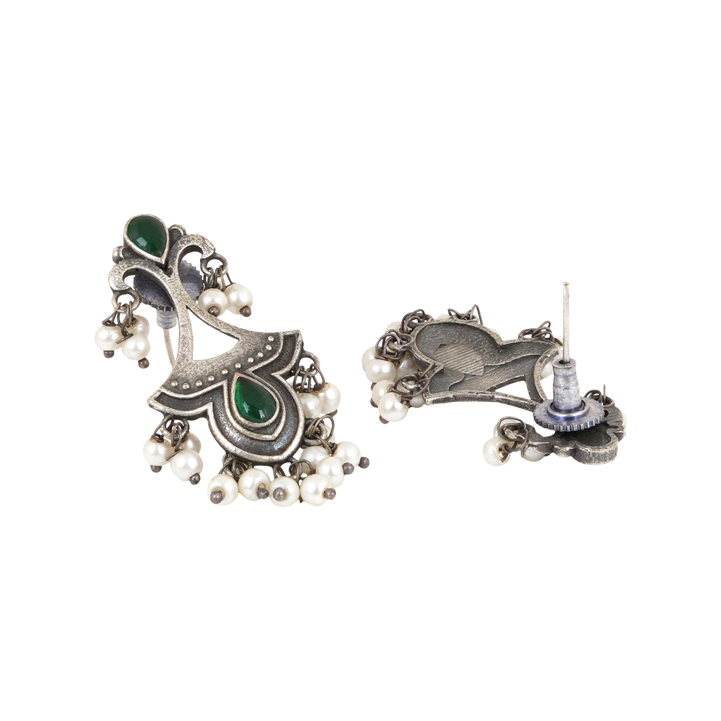 Teejh Nilay Green Stone Silver Oxidised Earring
