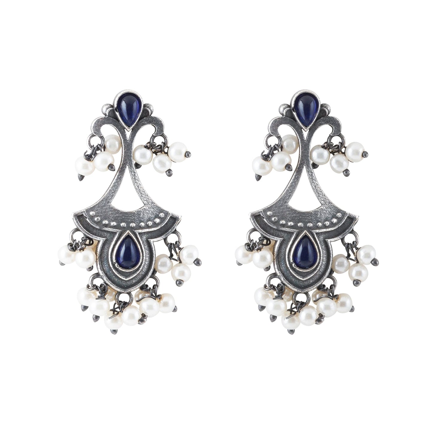 Teejh Nilay Dark Blue Stone Silver Oxidised Earring