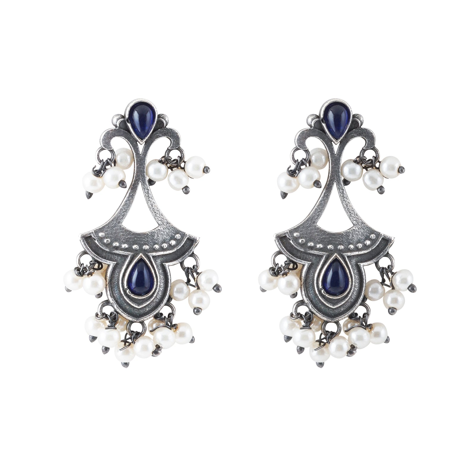 Teejh Nilay Dark Blue Stone Silver Oxidised Earring