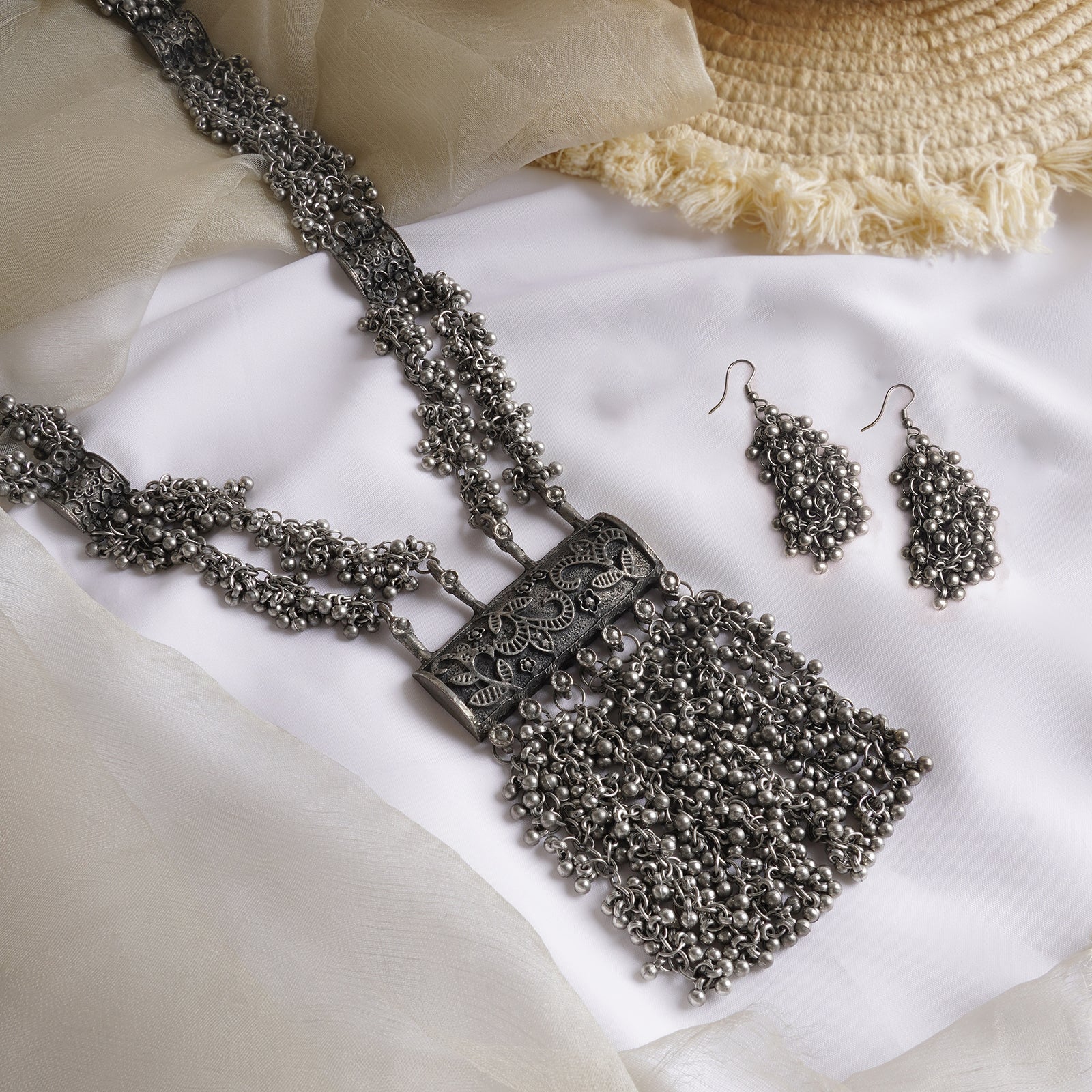 Teejh Vansha Silver Oxidised Ghungroo Necklace Set