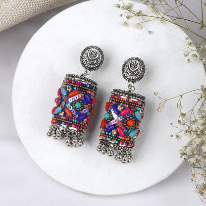 Teejh Ganavi Pink and Orange Stone Silver Oxidised Earring