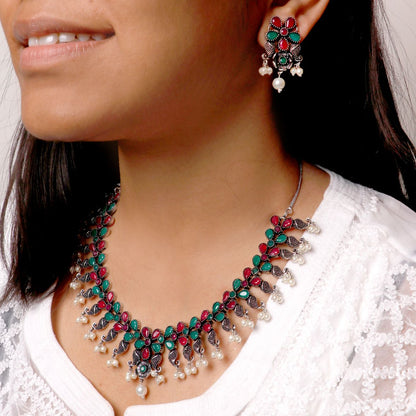 Niranjana Multi colored Silver Oxidized Necklace Set - Teejh