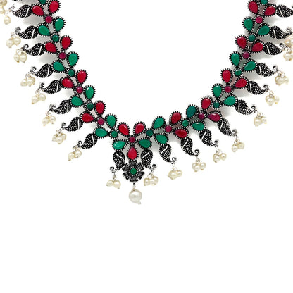 Niranjana Multi colored Silver Oxidized Necklace Set - Teejh