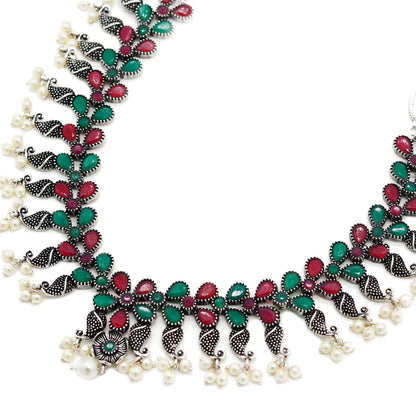 Niranjana Multi colored Silver Oxidized Necklace Set - Teejh