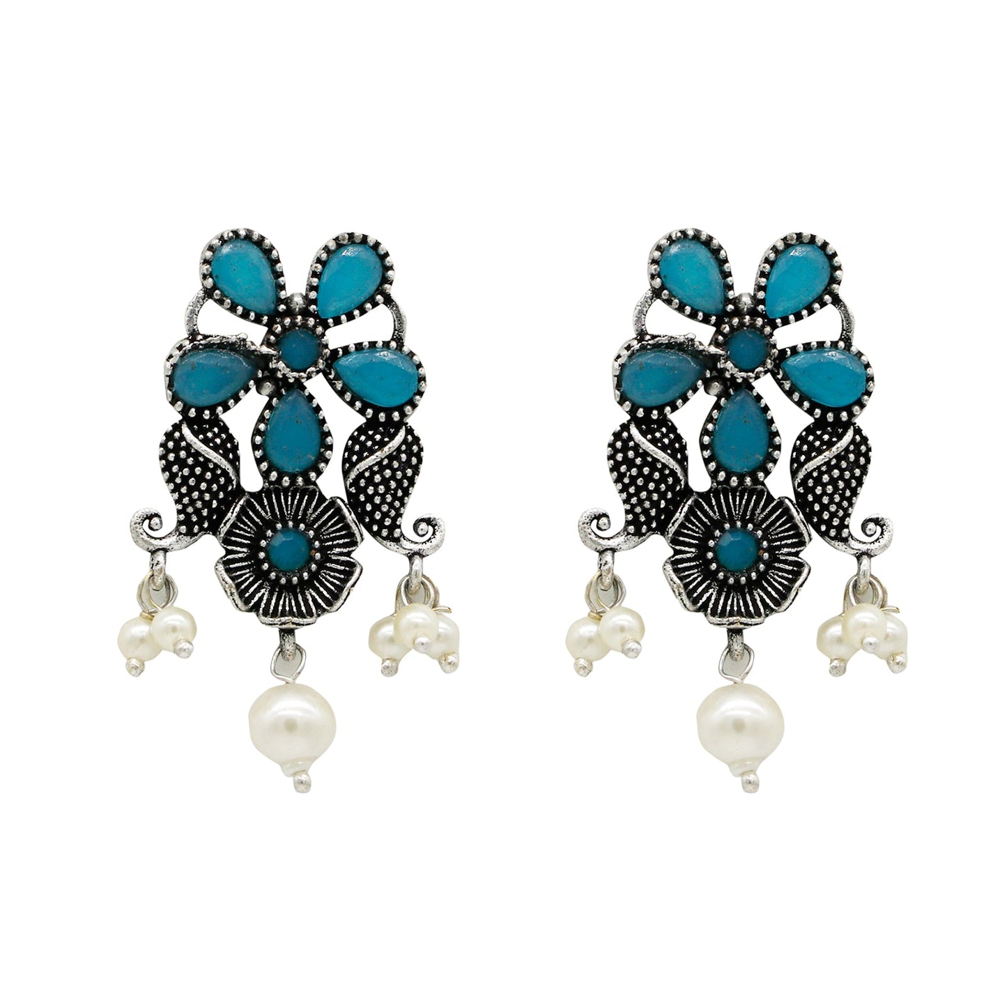 Niranjana Light Blue Stone Silver Oxidized Necklace Set - Teejh