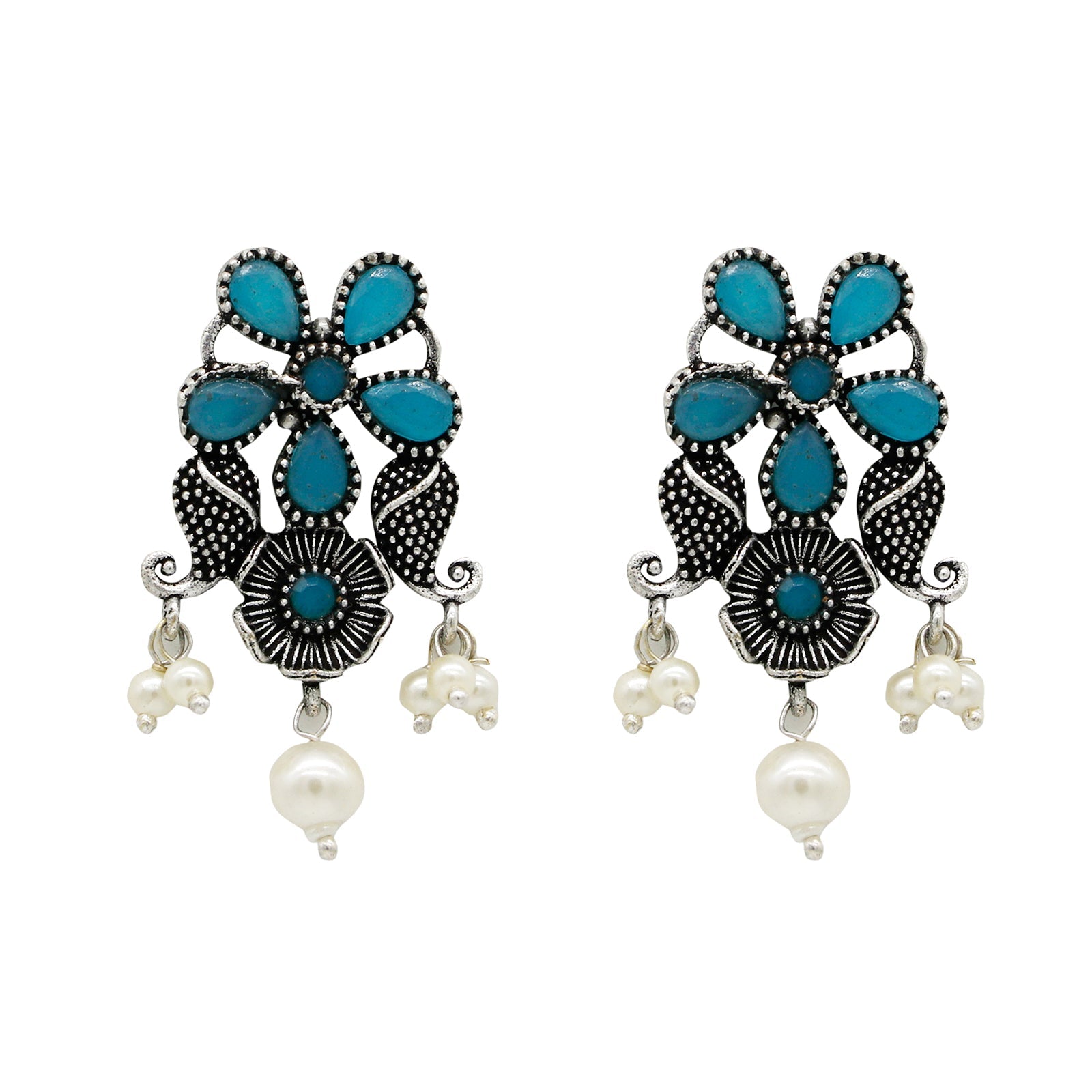 Niranjana Light Blue Stone Silver Oxidized Necklace Set - Teejh