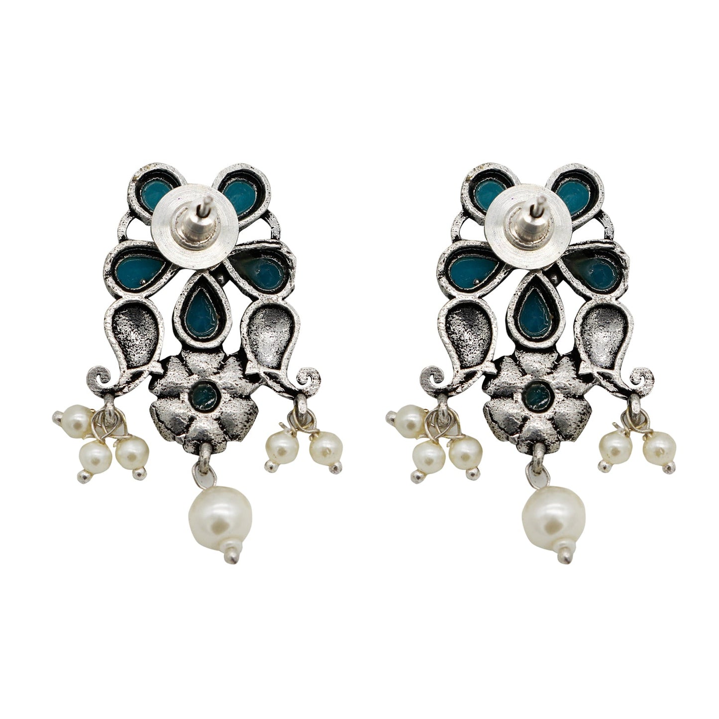 Niranjana Light Blue Stone Silver Oxidized Necklace Set - Teejh