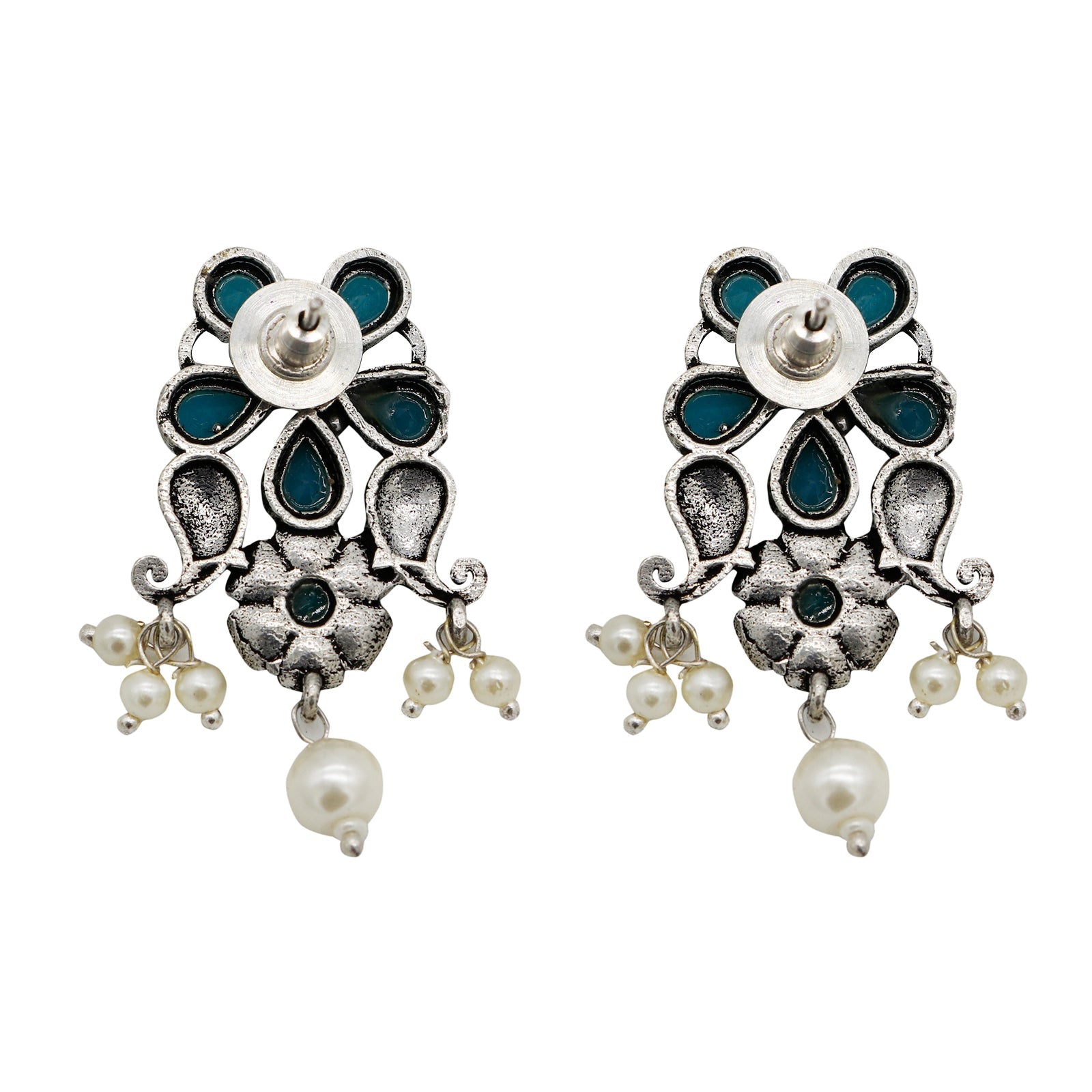 Niranjana Light Blue Stone Silver Oxidized Necklace Set - Teejh