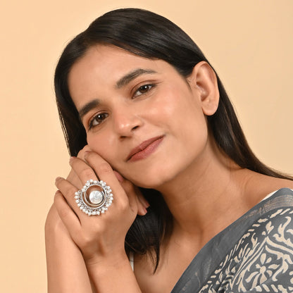 Teejh Aarshati Pearl and Silver Oxidised Ring
