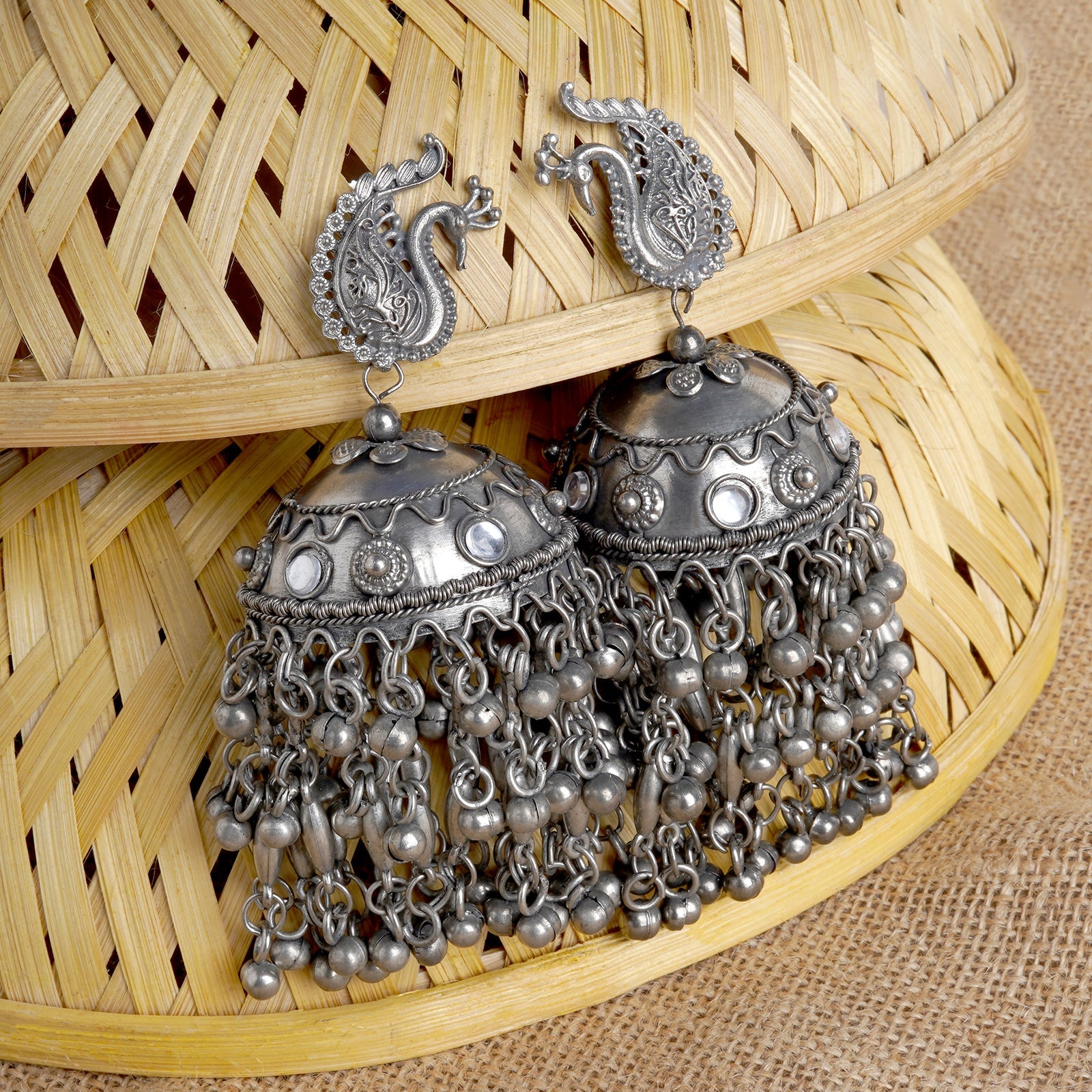 Teejh Hanika Ghungroo Silver Oxidised Earrings
