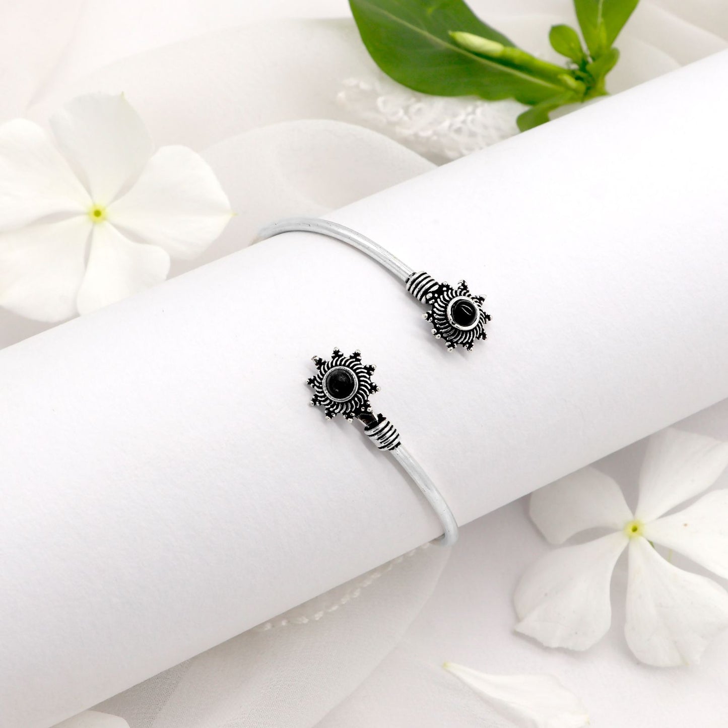 Aparna Black Flower Silver Oxidized Bracelet - Teejh